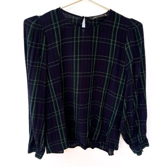 Zara Navy Blue Green Plaid Long Sleeve Top Small - Picture 1 of 8